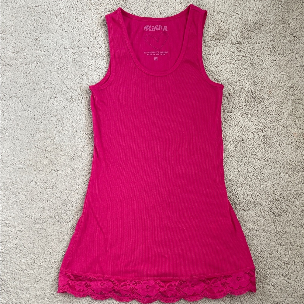 Kirra Hot Pink Ribbed Lace-Hem Tank Camisole